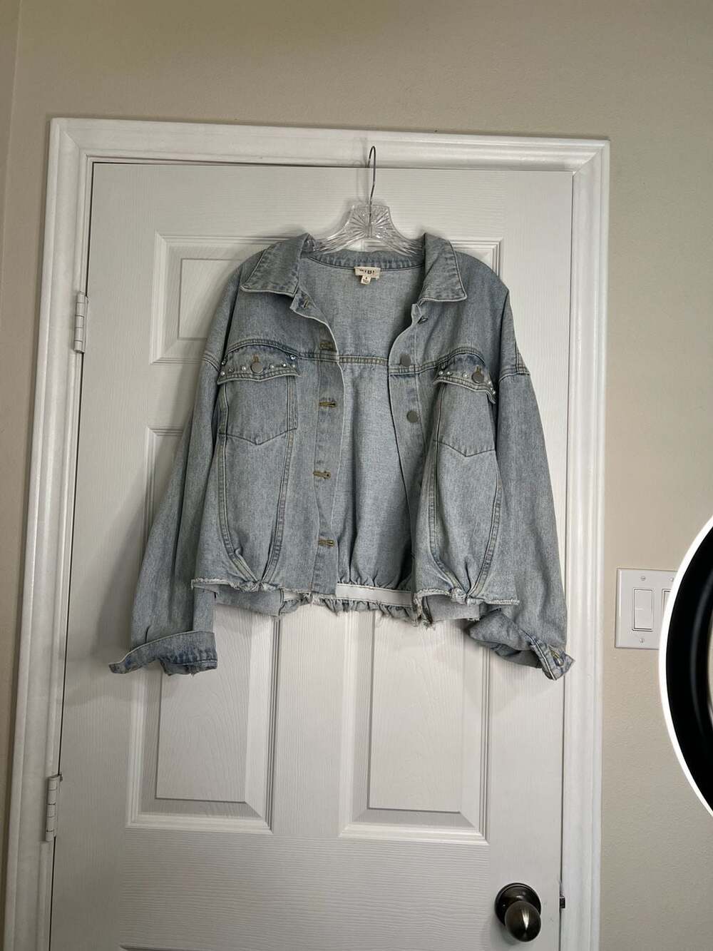 BiBi! Embellished Pearl and Rhinestone Cropped Denim Jacket Size S